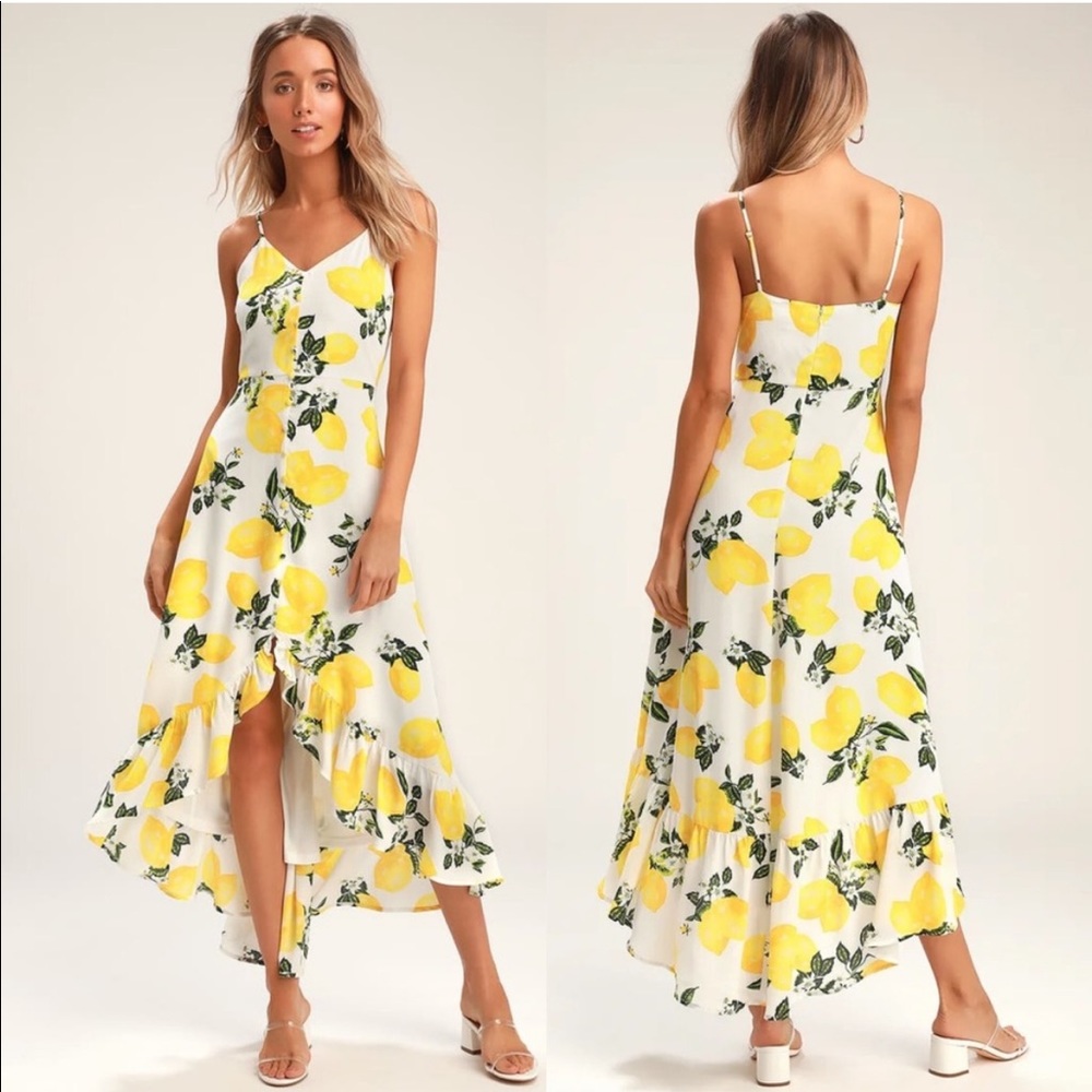 Lulus Afternoon Air Yellow Lemon Print High Low MIDI  Dress